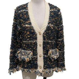 R Fashion Apparel Womens Tweed Eyelash Knit Frayed Cardigan Midnight L/XL NWT